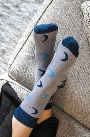 Grey and blue Miakoda unisex Moon socks. 